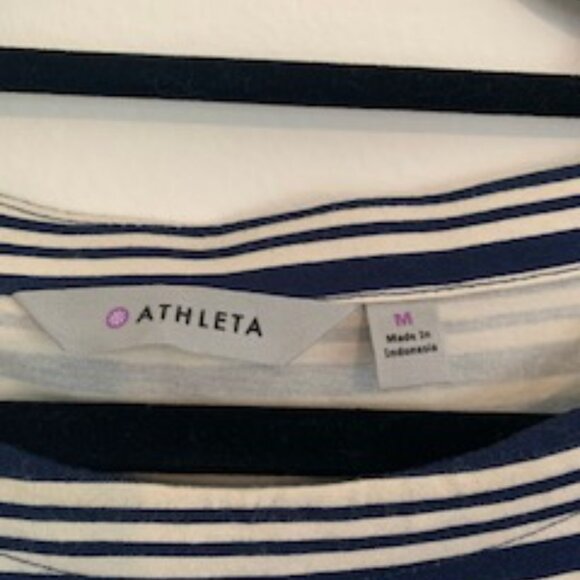 Athleta Tulip Striped Ruched Dress Navy & Cream_Size Medium - Picture 3 of 5